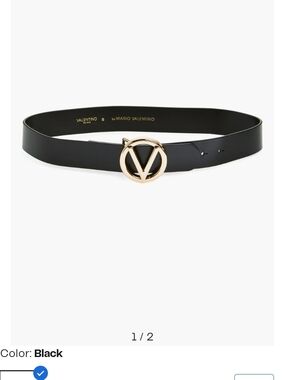 Valentino Black Leather Belt with Gold V Circle Buckle